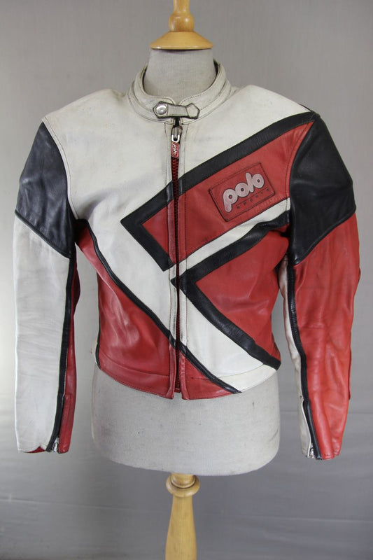 POLO SPORTS RED, WHITE & BLACK LEATHER BIKER JACKET WITH BACK PROTECTOR 38 INCH