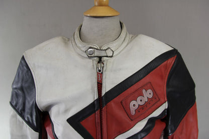 POLO SPORTS RED, WHITE & BLACK LEATHER BIKER JACKET WITH BACK PROTECTOR 38 INCH