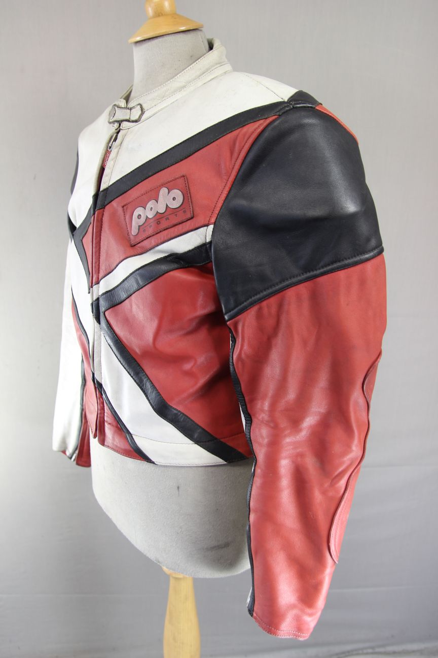 POLO SPORTS RED, WHITE & BLACK LEATHER BIKER JACKET WITH BACK PROTECTOR 38 INCH