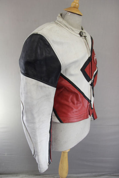 POLO SPORTS RED, WHITE & BLACK LEATHER BIKER JACKET WITH BACK PROTECTOR 38 INCH