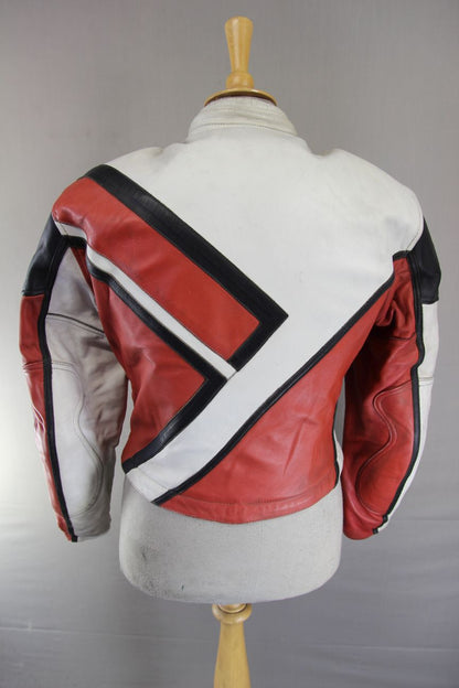 POLO SPORTS RED, WHITE & BLACK LEATHER BIKER JACKET WITH BACK PROTECTOR 38 INCH