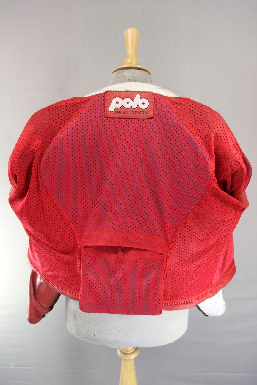 POLO SPORTS RED, WHITE & BLACK LEATHER BIKER JACKET WITH BACK PROTECTOR 38 INCH