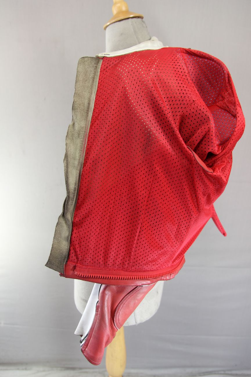 POLO SPORTS RED, WHITE & BLACK LEATHER BIKER JACKET WITH BACK PROTECTOR 38 INCH