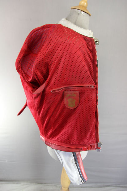 POLO SPORTS RED, WHITE & BLACK LEATHER BIKER JACKET WITH BACK PROTECTOR 38 INCH