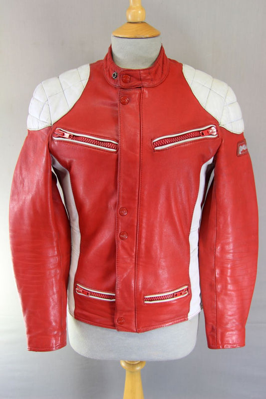 VINTAGE POLO RED & WHITE LEATHER BIKER JACKET 34-36 INCH CHEST