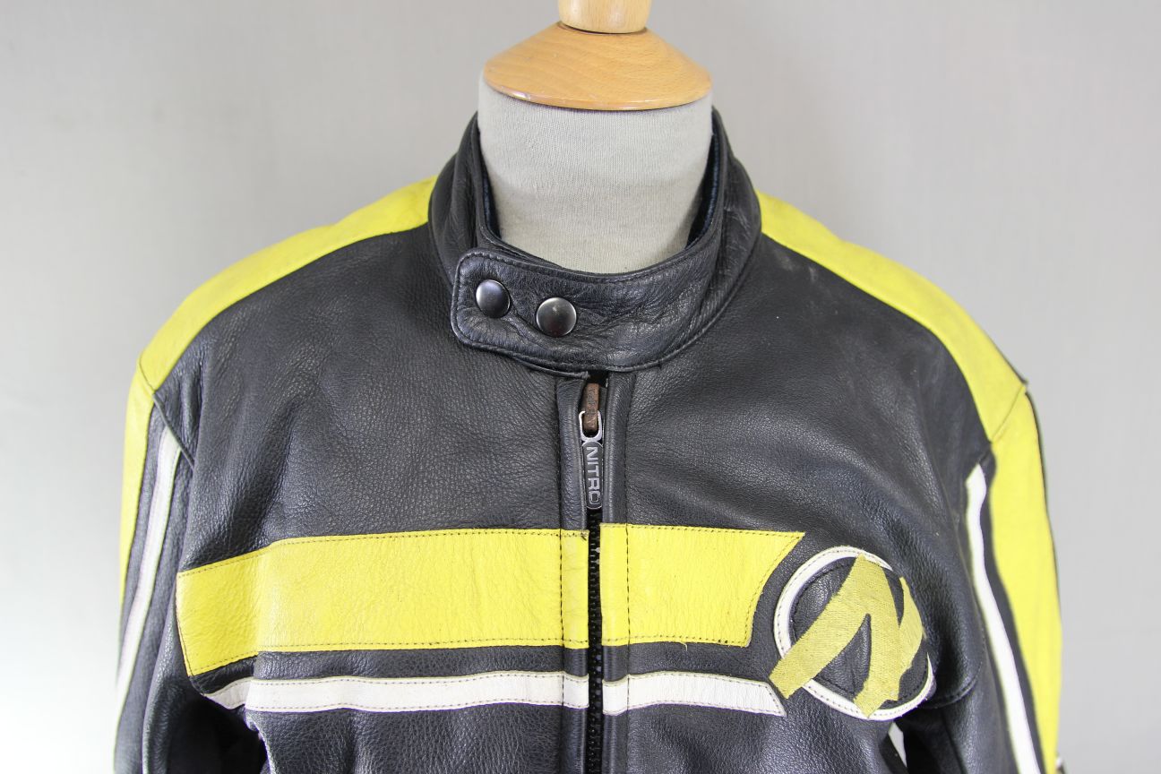 NITRO BLACK, YELLOW & WHITE LEATHER BIKER JACKET 36-38 INCH/SMALL