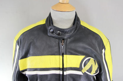 NITRO BLACK, YELLOW & WHITE LEATHER BIKER JACKET 36-38 INCH/SMALL