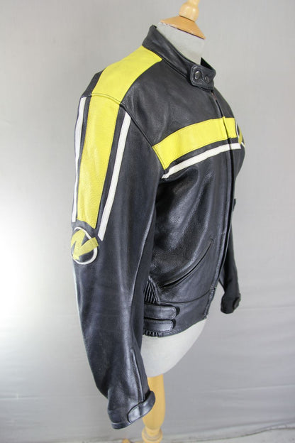 NITRO BLACK, YELLOW & WHITE LEATHER BIKER JACKET 36-38 INCH/SMALL