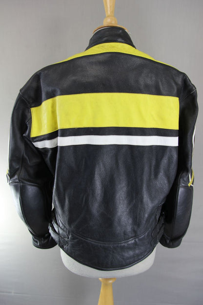 NITRO BLACK, YELLOW & WHITE LEATHER BIKER JACKET 36-38 INCH/SMALL