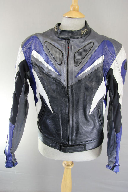 BUFFALO BLACK, BLUE, SILVER & WHITE LEATHER BIKER JACKET WITH CE ARMOUR 44 INCH