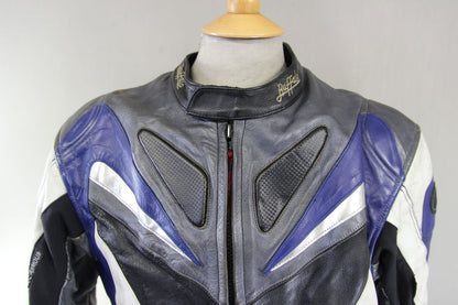 BUFFALO BLACK, BLUE, SILVER & WHITE LEATHER BIKER JACKET WITH CE ARMOUR 44 INCH