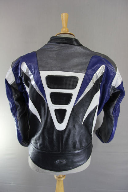 BUFFALO BLACK, BLUE, SILVER & WHITE LEATHER BIKER JACKET WITH CE ARMOUR 44 INCH