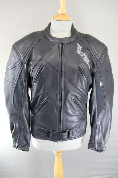 RICHA CLASSIC BLACK LEATHER BIKER JACKET WITH THERMAL LINING: SIZE 12