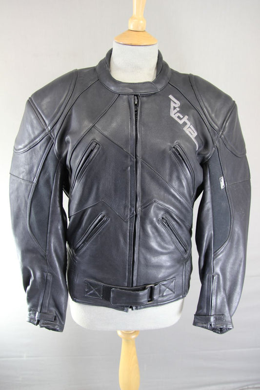 RICHA CLASSIC BLACK LEATHER BIKER JACKET WITH THERMAL LINING: SIZE 12