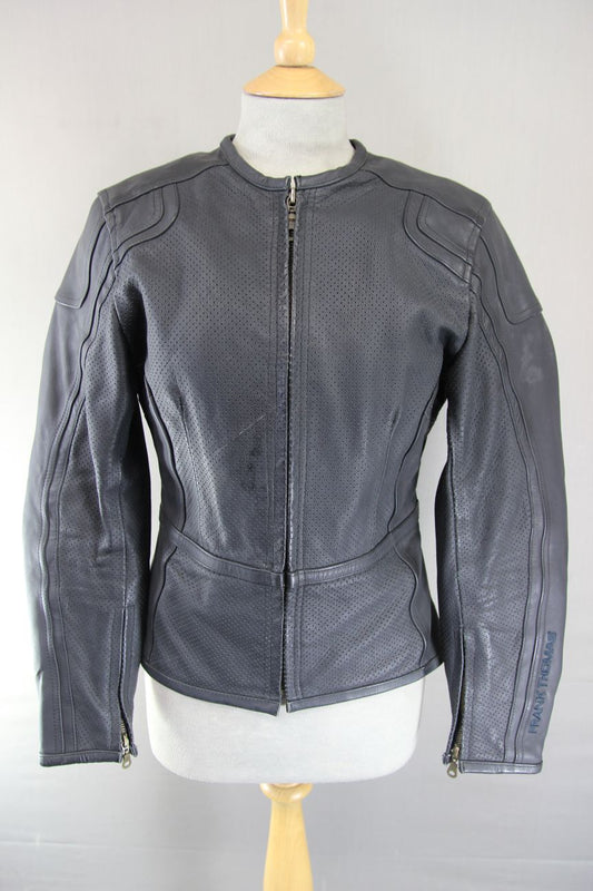 FRANK THOMAS LADY RIDER LEATHER BIKER JACKET + CE ARMOUR/THERMAL LINING: SIZE 10