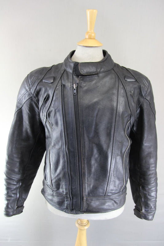 PROTO BLACK LEATHER BIKER JACKET WITH BACK, SHOULDER & ELBOW PROTECTORS 40-42 IN
