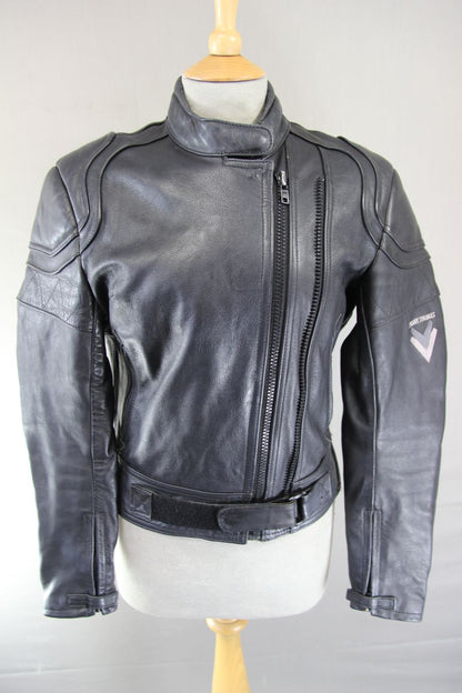 FRANK THOMAS BLACK LEATHER BIKER JACKET WITH BACK & SHOULDER PROTECTORS: SIZE 12