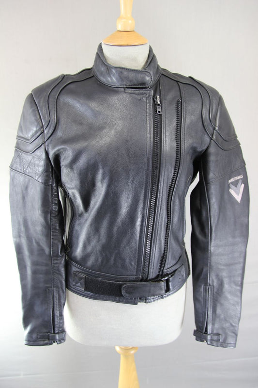 FRANK THOMAS BLACK LEATHER BIKER JACKET WITH BACK & SHOULDER PROTECTORS: SIZE 12