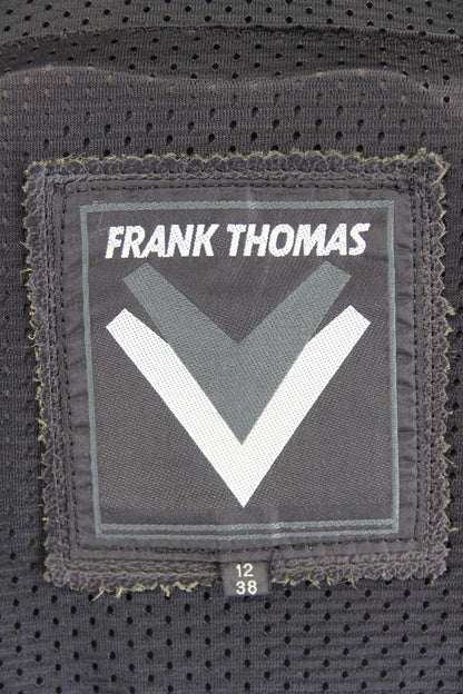 FRANK THOMAS BLACK LEATHER BIKER JACKET WITH BACK & SHOULDER PROTECTORS: SIZE 12
