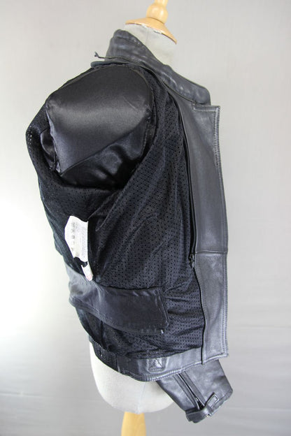 FRANK THOMAS BLACK LEATHER BIKER JACKET WITH BACK & SHOULDER PROTECTORS: SIZE 12