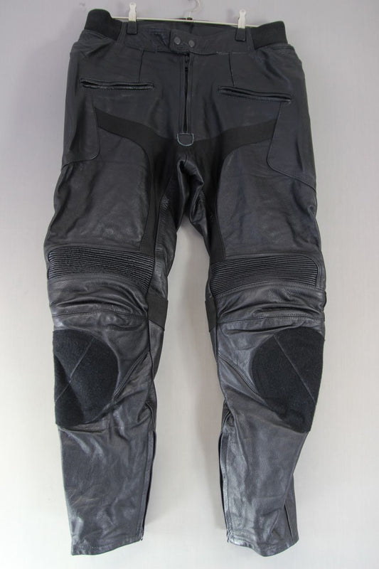 TEXPEED BLACK LEATHER BIKER TROUSERS WITH CE ARMOUR WAIST 38 IN/INSIDE LEG 33 IN