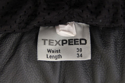 TEXPEED BLACK LEATHER BIKER TROUSERS WITH CE ARMOUR WAIST 38 IN/INSIDE LEG 33 IN