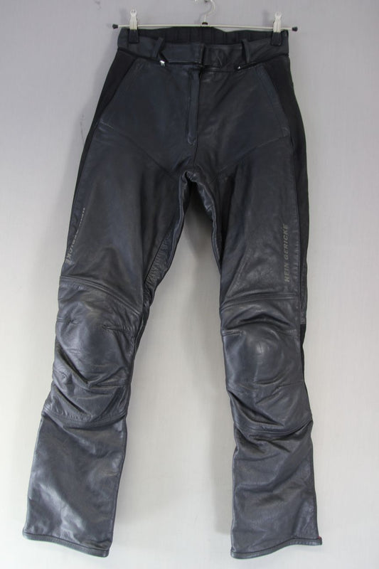 HEIN GERICKE BLACK LEATHER BIKER TROUSERS + CE ARMOUR: SIZE 8 WAIST 28"/LEG 33"