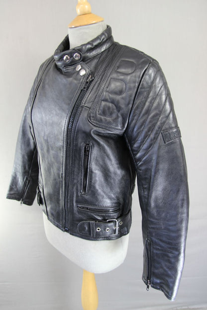CLASSIC JUST BIKERS BLACK LEATHER COTTON LINED BIKER JACKET: SIZE 10 34 INCH