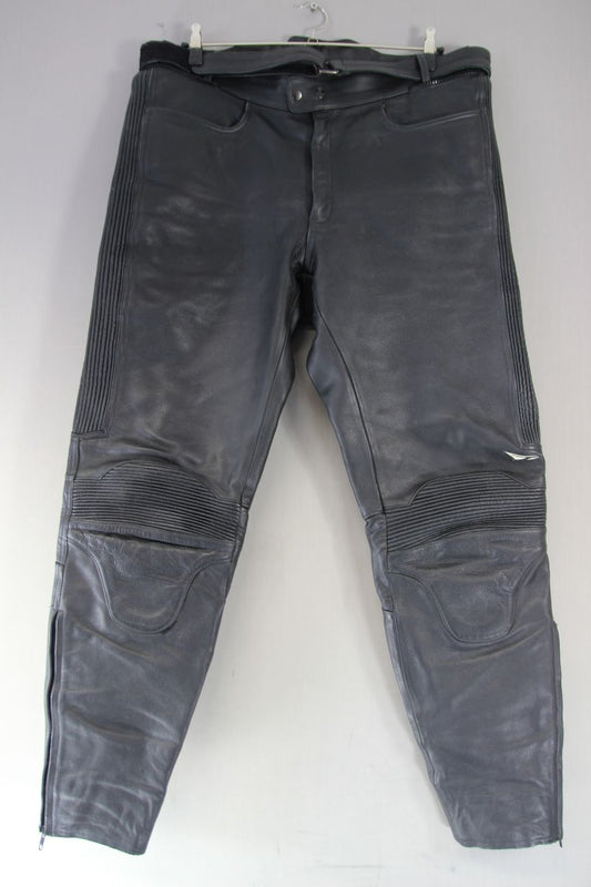 TARGA BLACK LEATHER BIKER TROUSERS WITH BELT WAIST 42 INCH/INSIDE LEG 34 INCH