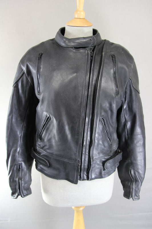 ASHMAN BLACK COWHIDE LEATHER BIKER JACKET + PROTECTORS & THERMAL LINING: SIZE 14
