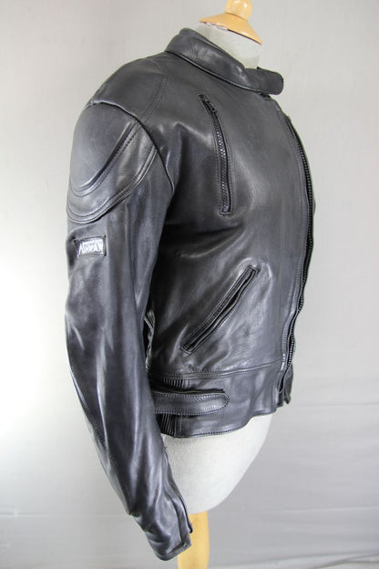 ASHMAN BLACK COWHIDE LEATHER BIKER JACKET + PROTECTORS & THERMAL LINING: SIZE 14