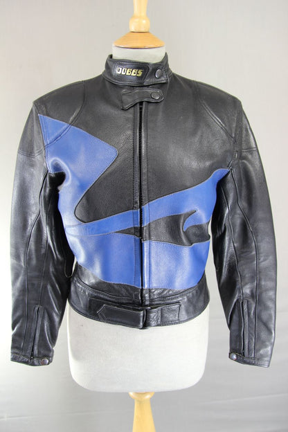 VINTAGE DOBBS LADIES BLACK & BLUE LEATHER BIKER JACKET 34-36 INCH CHEST/SIZE 12