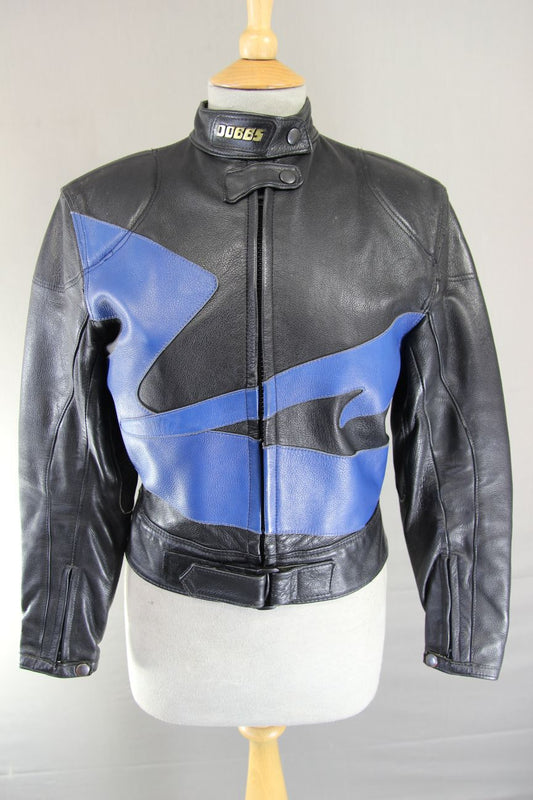 VINTAGE DOBBS LADIES BLACK & BLUE LEATHER BIKER JACKET 34-36 INCH CHEST/SIZE 12