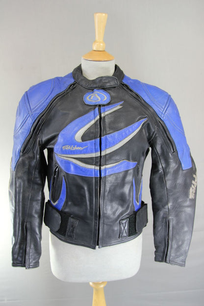 FIELDSHEER BLACK, BLUE & SILVER LEATHER BIKER JACKET WITH PROTECTORS: SIZE 10