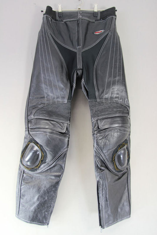 BIKER BLACK LEATHER TROUSERS + HIP & KNEE ARMOUR/KNEE SLIDERS: WAIST 30"/LEG 31"