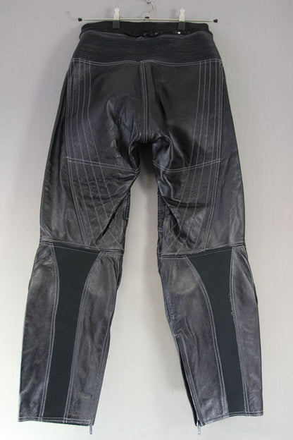 BIKER BLACK LEATHER TROUSERS + HIP & KNEE ARMOUR/KNEE SLIDERS: WAIST 30"/LEG 31"