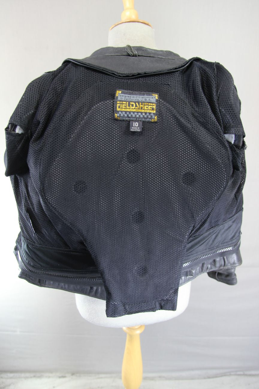 FIELDSHEER BLACK, BLUE & SILVER LEATHER BIKER JACKET WITH PROTECTORS: SIZE 10
