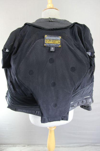 FIELDSHEER BLACK, BLUE & SILVER LEATHER BIKER JACKET WITH PROTECTORS: SIZE 10