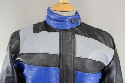 BLACK, BLUE & GREY KETT COWHIDE LEATHER BIKER JACKET: SIZE 14 36-38 INCH CHEST
