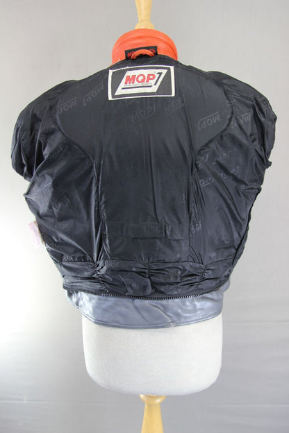 MQP SIGMA SILVER, RED & BLACK LEATHER BIKER JACKET WITH BACK PROTECTOR: SIZE 16