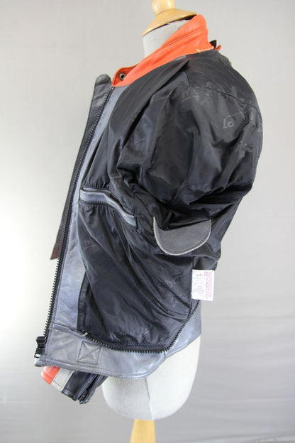 MQP SIGMA SILVER, RED & BLACK LEATHER BIKER JACKET WITH BACK PROTECTOR: SIZE 16