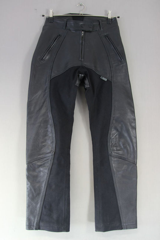 RICHA BLACK LEATHER BIKER TROUSERS: SIZE 12 (SHORT FIT) WAIST 28"/INSIDE LEG 30"