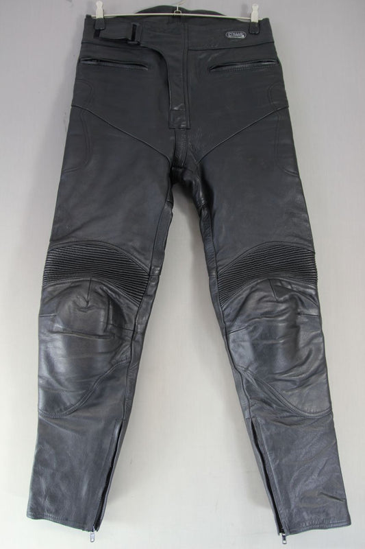 DYNAMIC LEATHERS BLACK BIKER TROUSERS + CE ARMOUR: WAIST 30-32IN/INSIDE LEG 31IN