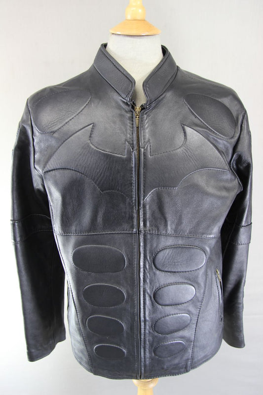 CLASSIC 'BATMAN' BLACK LEATHER BIKER STYLE JACKET 40 INCH
