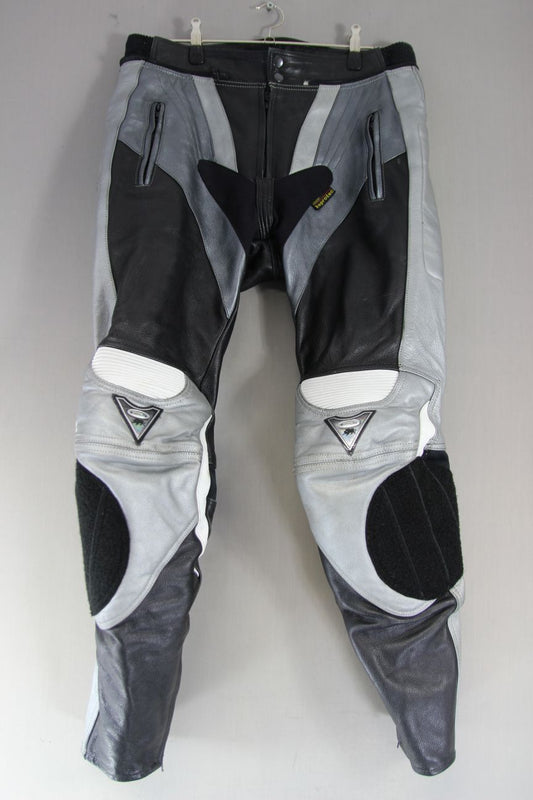 BUFFALO BLACK, SILVER & WHITE LEATHER BIKER TROUSERS + ARMOUR WAIST 32"/LEG 31"