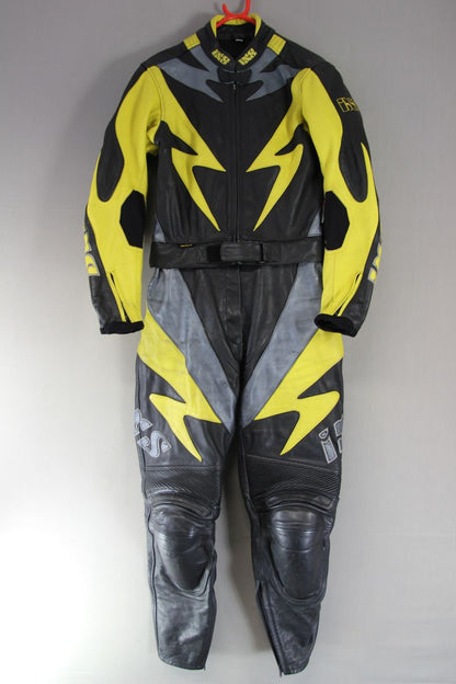 IXS LADIES 2 PIECE BLACK, YELLOW & SILVER LEATHER BIKER SUIT + CE ARMOUR SIZE 12