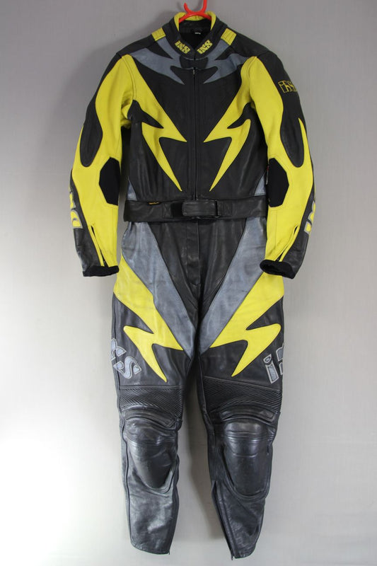 IXS LADIES 2 PIECE BLACK, YELLOW & SILVER LEATHER BIKER SUIT + CE ARMOUR SIZE 12