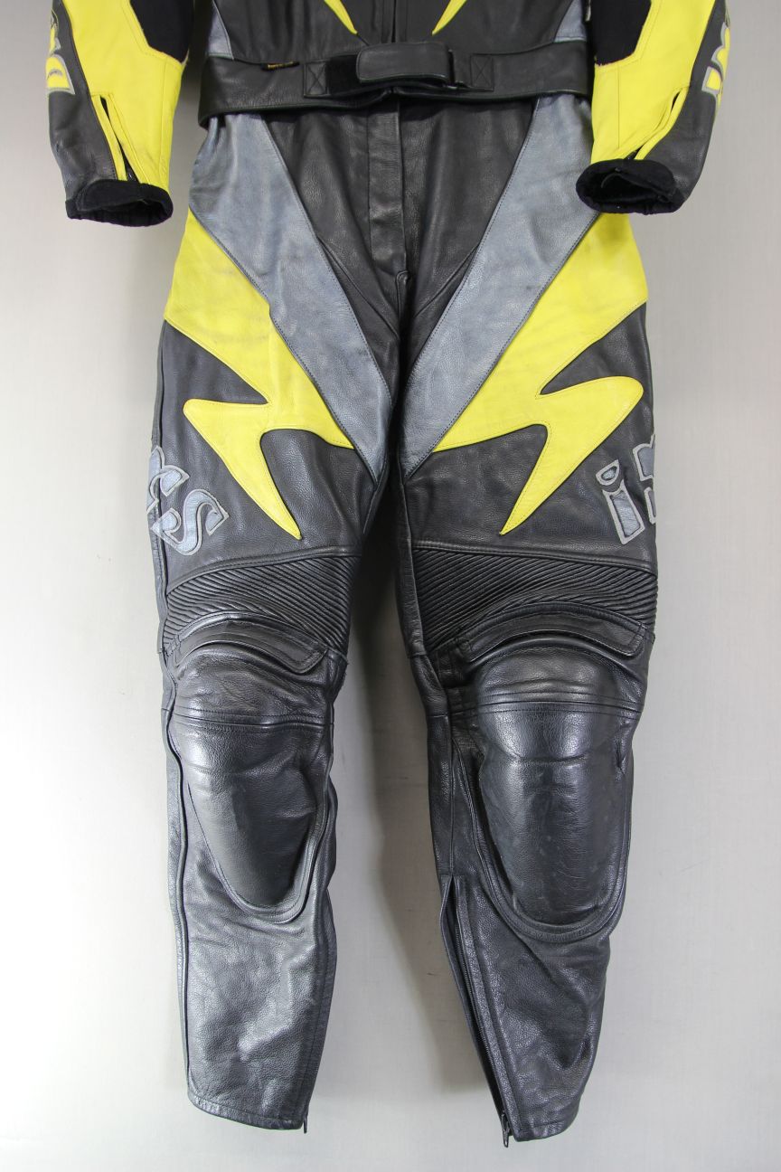 IXS LADIES 2 PIECE BLACK, YELLOW & SILVER LEATHER BIKER SUIT + CE ARMOUR SIZE 12