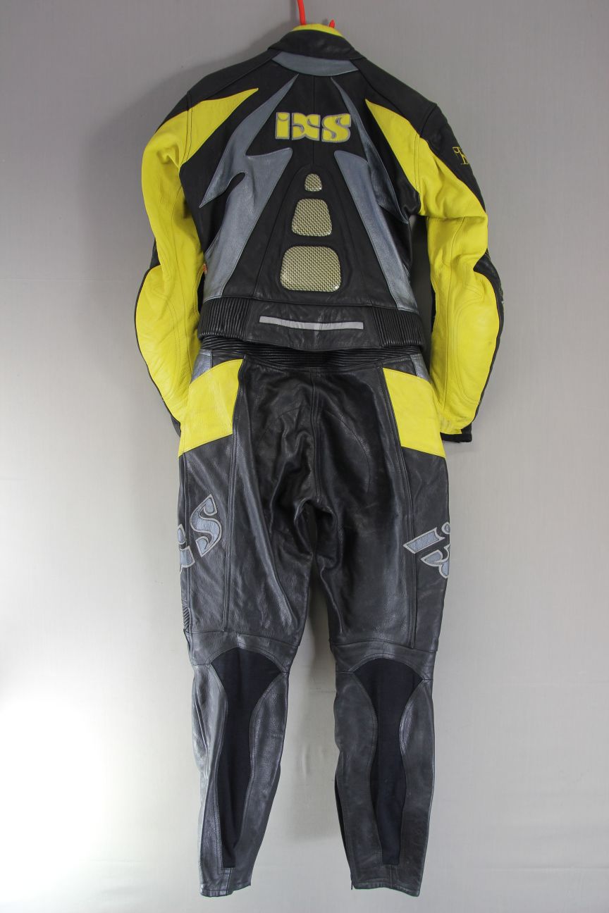 IXS LADIES 2 PIECE BLACK, YELLOW & SILVER LEATHER BIKER SUIT + CE ARMOUR SIZE 12