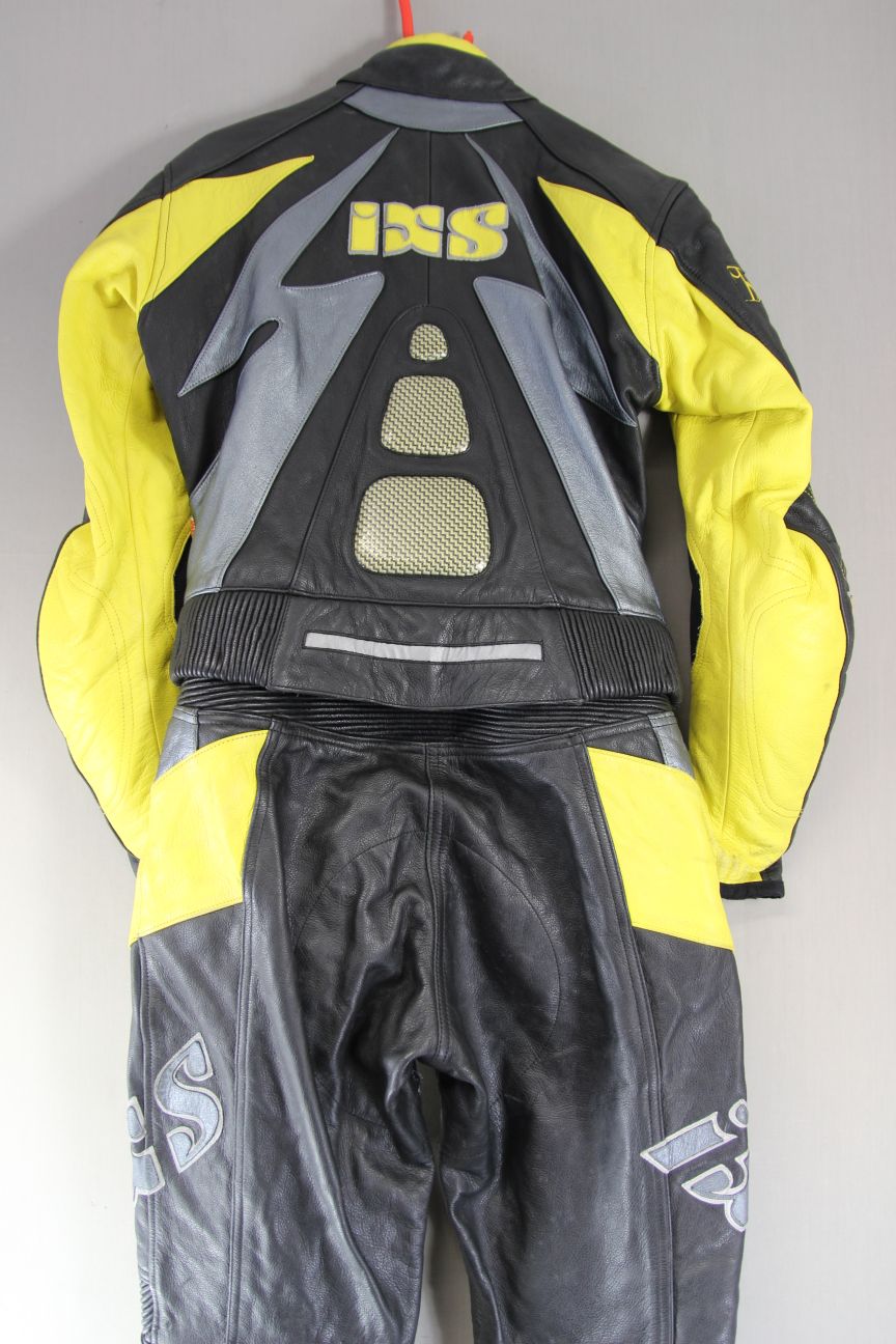 IXS LADIES 2 PIECE BLACK, YELLOW & SILVER LEATHER BIKER SUIT + CE ARMOUR SIZE 12